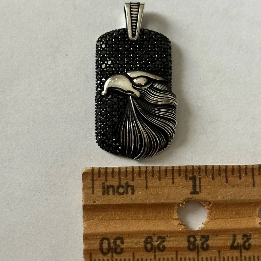 925 Silver eagle rectangle pendant black cubic zirconia cz stones unisex